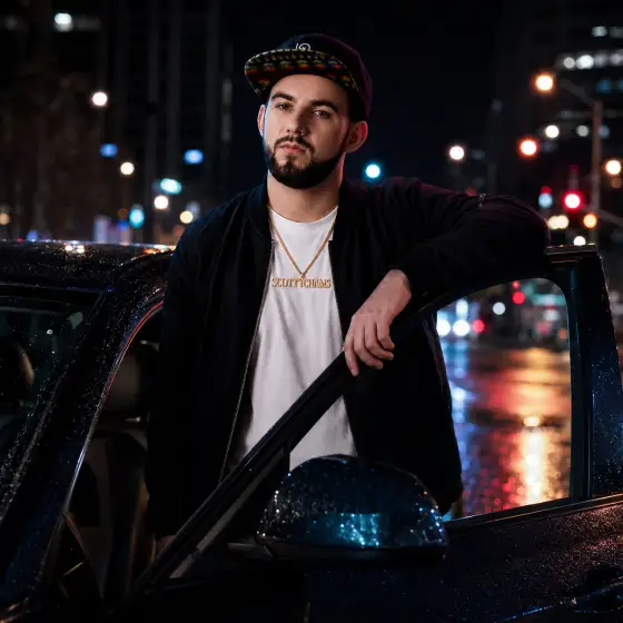 Scottychams photographed on a downtown street at night